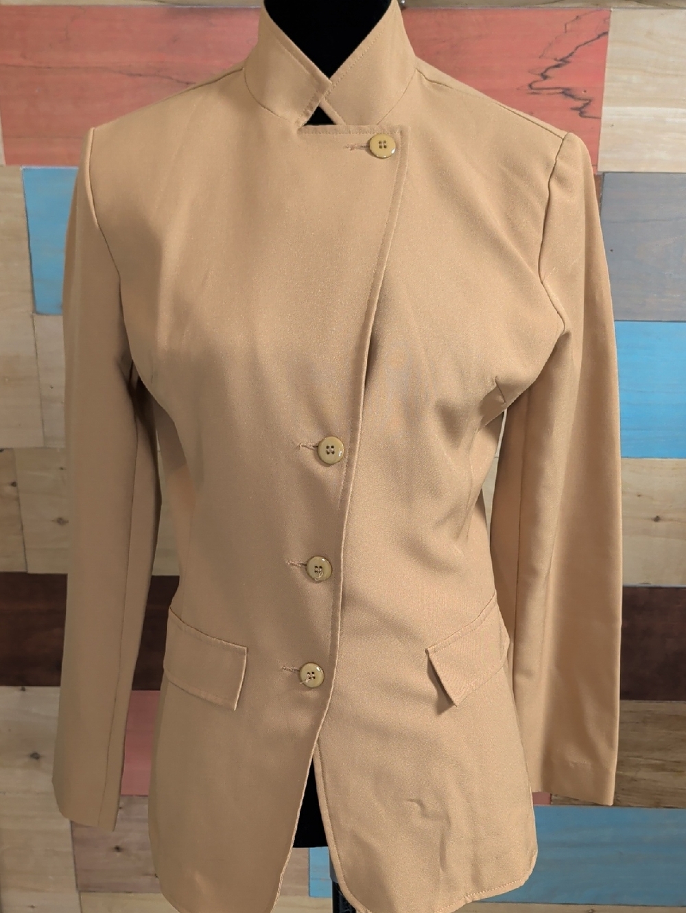 Tiana B. Tan Stand Collar Button Front Blazer